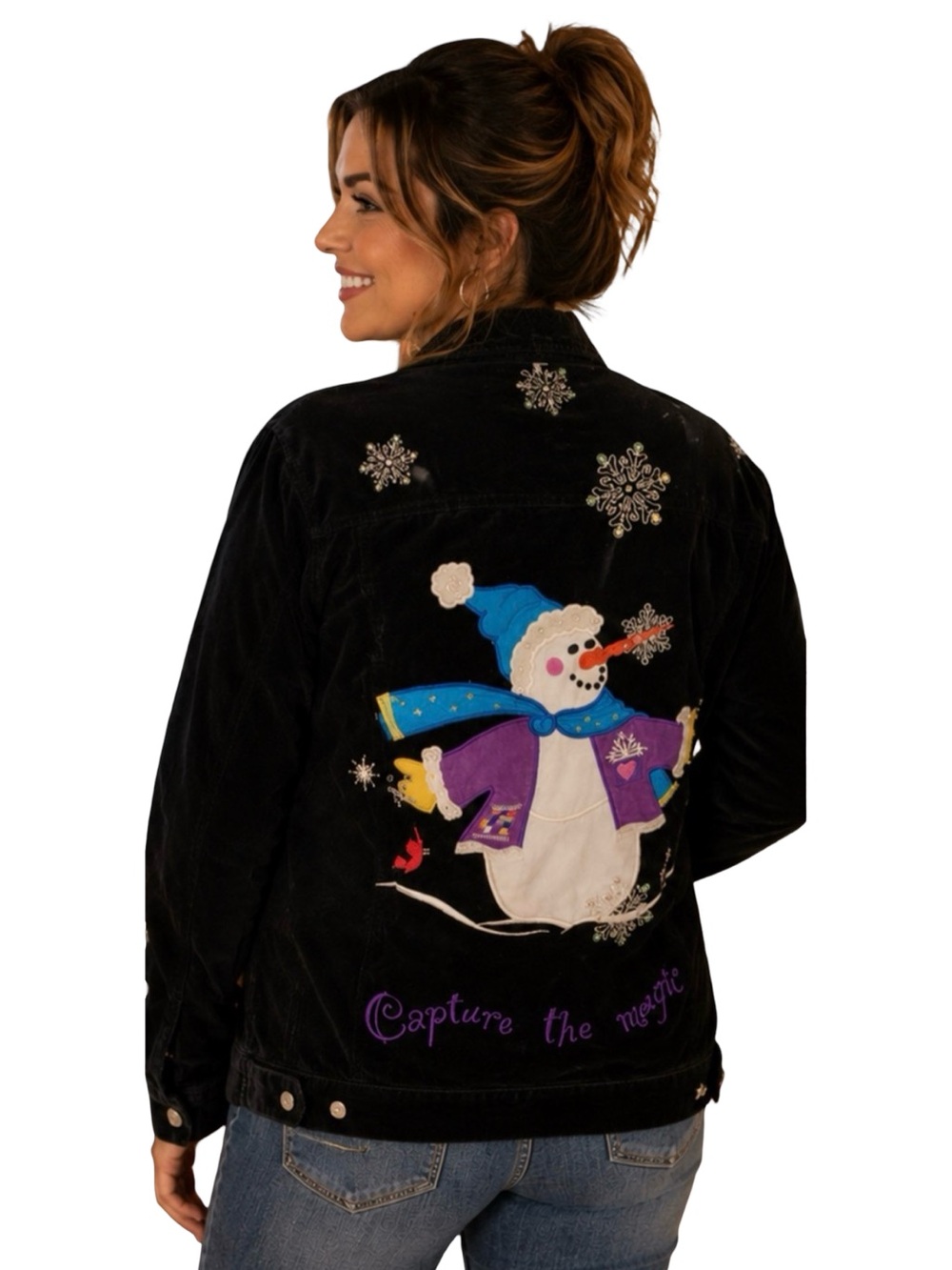 VTG 90s Quacker Factory Blk Velvet Snowman Christmas Jacket Rhinestone coat L XL